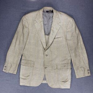 Brooks Brothers Blazer Mens 39R Tan Silk Wool Houndstooth Plaid Preppy Chic Coat